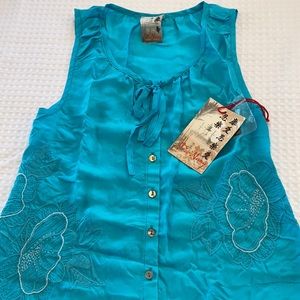 DA-NANG Surplus XS Silk Sleeveless Blouse Top Embroidered Turquoise Blue NEW!